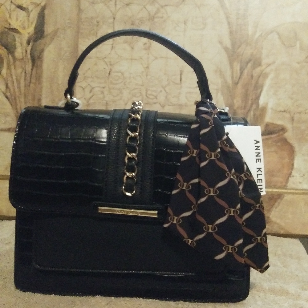Anne Klein midsize crocodile black leather handbag